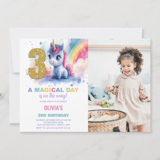 3rd Birthday Unicorn Birthday Invitations photo (Front)