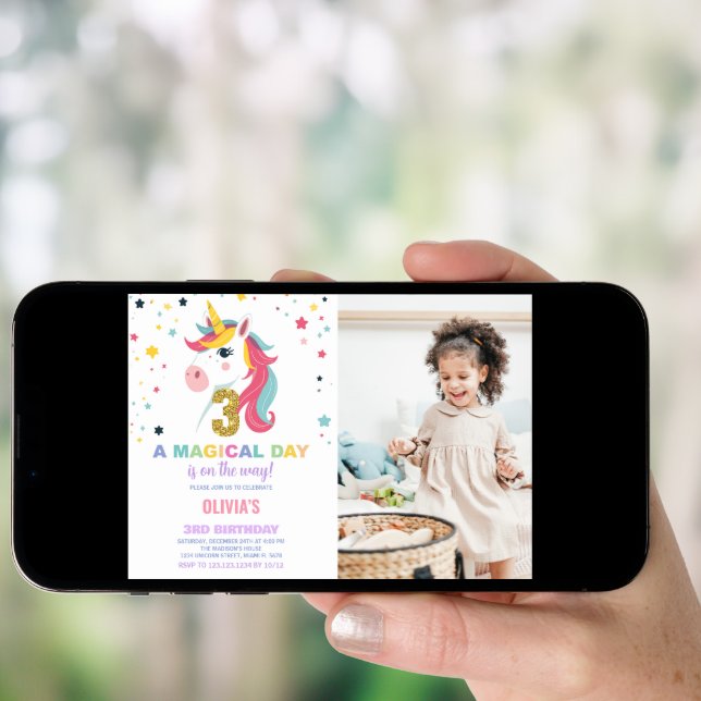 3rd Birthday Unicorn Birthday Invitations w photo (Front Digital)