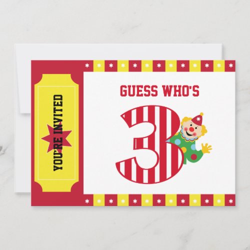 3rd Birthday Waving Circus Clown Invitation