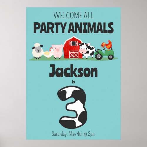 3rd Birthday Welcome Party Animals Farm Poster