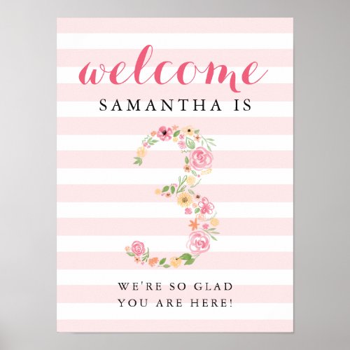 3rd Birthday Welcome Sign Pink Watercolor Florals