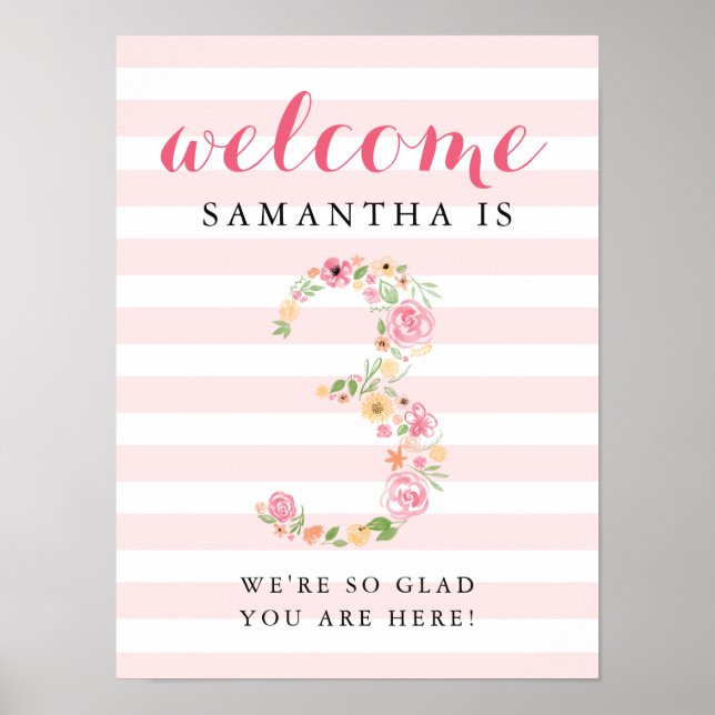 3rd Birthday Welcome Sign Pink Watercolor Florals (Front)
