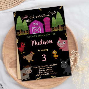 3rd Black Red Farm Animals Birthday Invitations