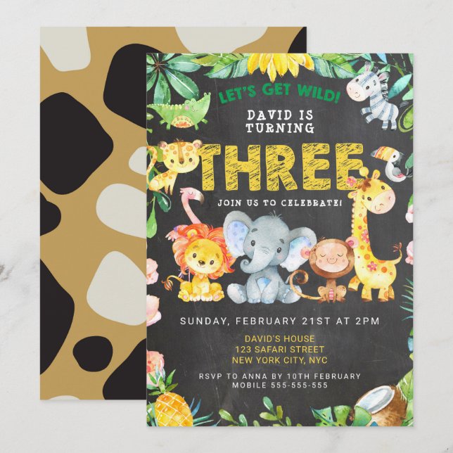 3rd Boy Birthday Safari Animals Chalkboard Jungle Invitation (Front/Back)