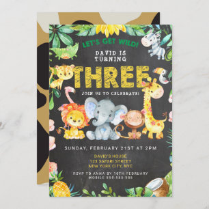 3rd Boy Birthday Safari Animals Chalkboard Jungle Invitation