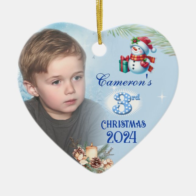 3rd Christmas Personalized Boy's Photo Heart Gift Ceramic Ornament (Front)