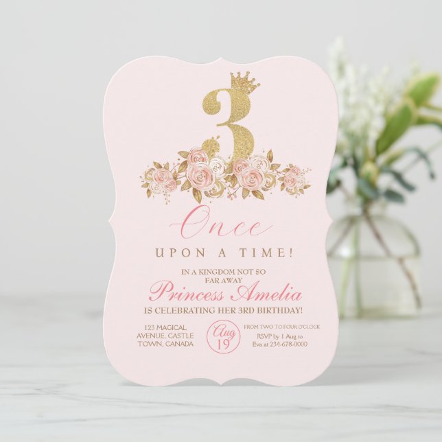 3rd Cute Pink Gold Crown Princess Birthday  Invitation (Standing Front)