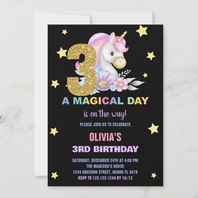 3rd Floral Unicorn Birthday Invitations (Front)