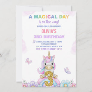 3rd Floral Unicorn Birthday Invitations
