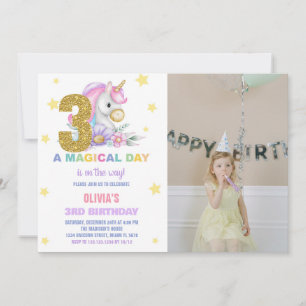 3rd Floral Unicorn Birthday Invitations w photo