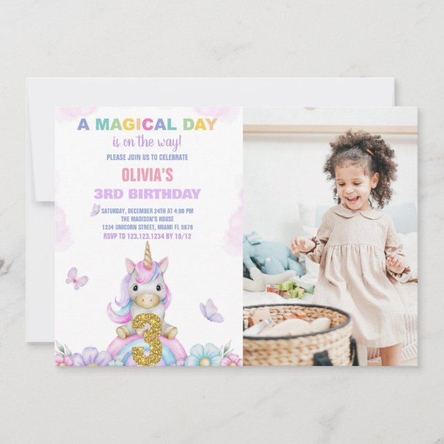 3rd Floral Unicorn Birthday Invitations with photo (Front)