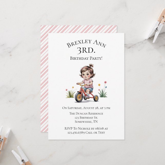 3rd. Girl's Birthday on a Tricycle Party Invitation (Front/Back In Situ)
