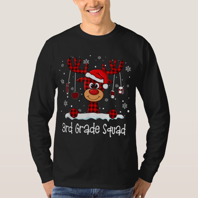 3rd Grade Squad Plaid Reindeer Santa Hat Teacher C T-Shirt (Front)
