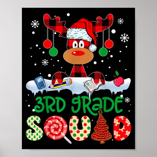 3rd Grade Squad Teacher Buffalo Red Plaid Reindeer Poster (Front)