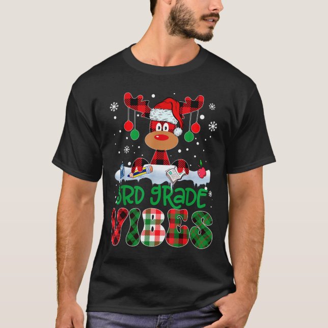 3rd Grade Vibes Teacher Buffalo Red Plaid Reindeer T-Shirt (Front)