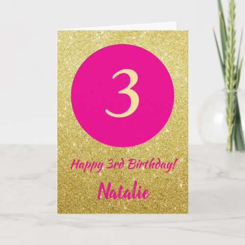 3rd Happy Birthday Hot Pink and Gold Glitter Card
