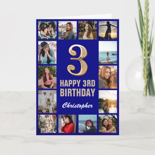 3rd Happy Birthday Navy Blue  Gold Photo Collage Card