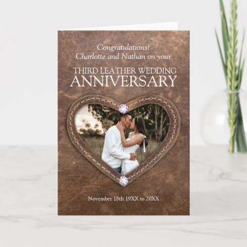 3rd leather crystals wedding anniversary photo card