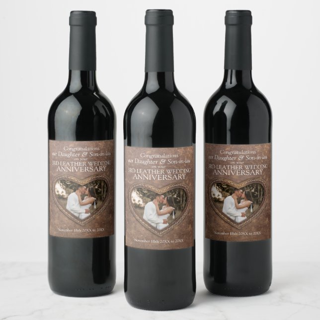 3rd leather heart anniversary custom wine labels (Bottles)