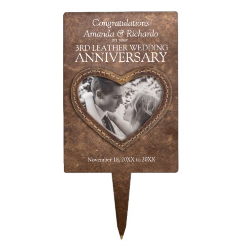 3rd leather wedding anniversary heart photo brown cake topper