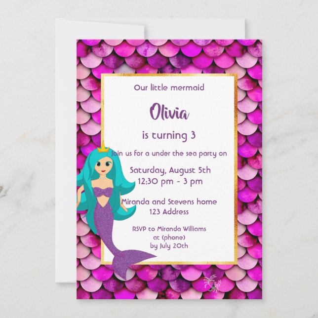 3rd Mermaid Birthday party invitation pink purple (Front)