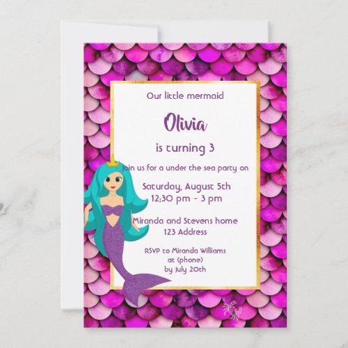 3rd Mermaid Birthday party invitation pink purple