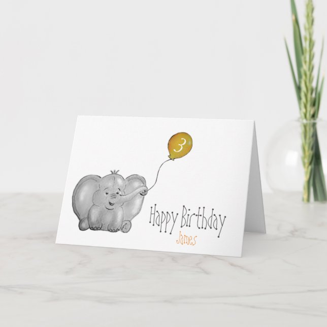 3rd or any birthday elephant yellow balloon card (Front)