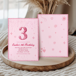 3rd Pink Glitter Birthday   Sparkle Glitter  Invitation