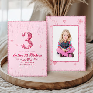 3rd Pink Glitter Birthday Sparkle Glitter picture Invitation