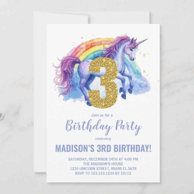 3rd Rainbow Unicorn Birthday Invitations (Front)