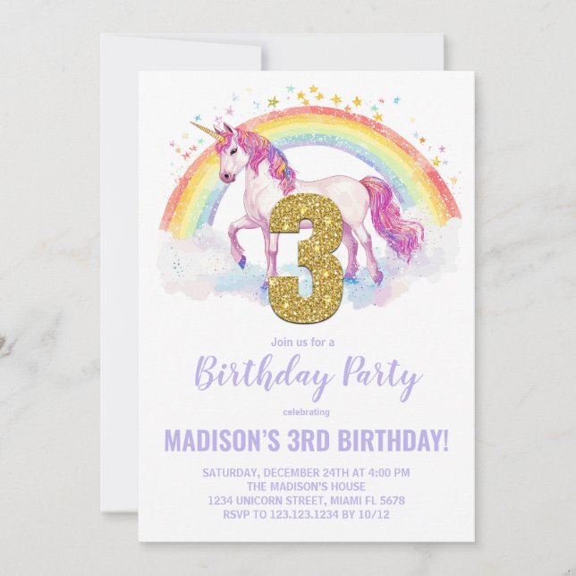 3rd Rainbow Unicorn Birthday Invitations (Front)