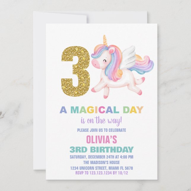 3rd Rainbow Unicorn Birthday Invitations (Front)