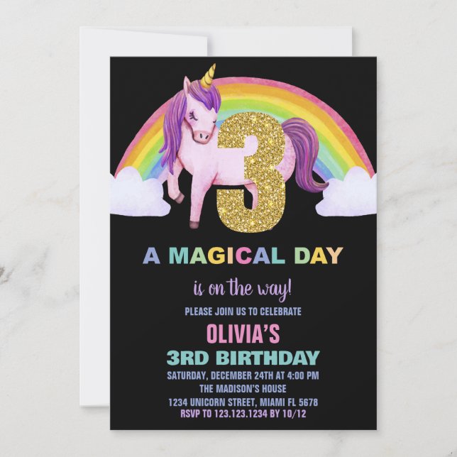 3rd Rainbow Unicorn Birthday Invitations Glitter (Front)