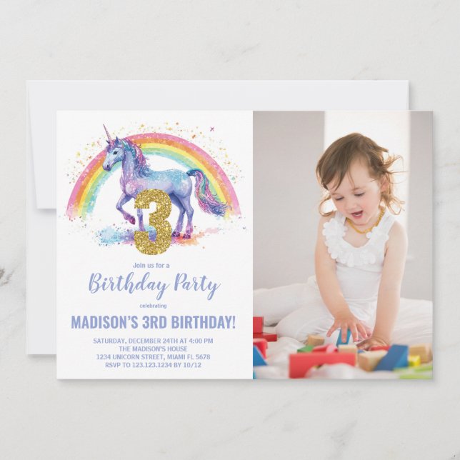 3rd Rainbow Unicorn Birthday Invitations photo (Front)