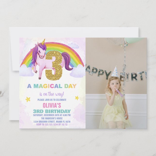 3rd Rainbow Unicorn Birthday Invitations photo (Front)