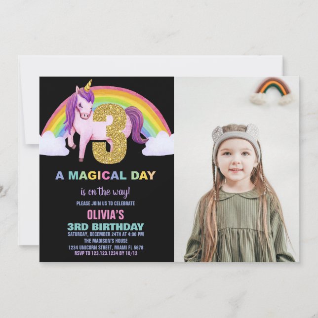 3rd Rainbow Unicorn Birthday Invitations photo (Front)
