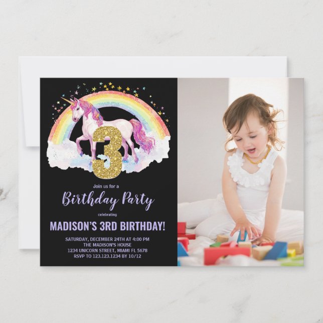 3rd Rainbow Unicorn Birthday Invitations photo (Front)