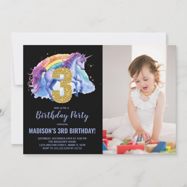 3rd Rainbow Unicorn Birthday Invitations photo (Front)