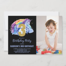 3rd Rainbow Unicorn Birthday Invitations photo