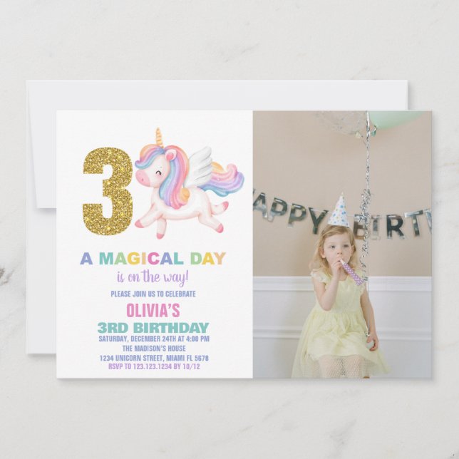 3rd Rainbow Unicorn Birthday Invitations w photo (Front)