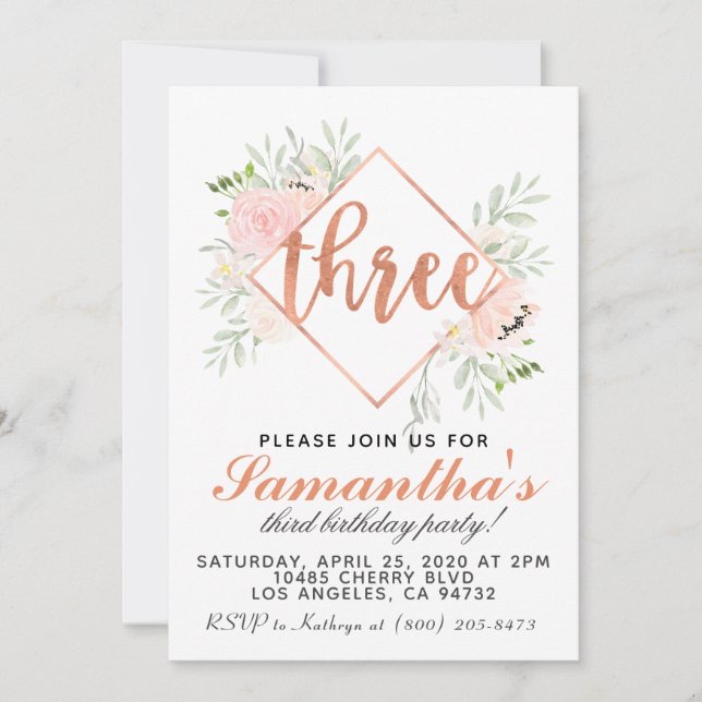 3rd Rose Gold Birthday Invitation (Front)
