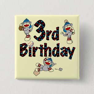 3rd Sock Monkey Baseball Birthday Button