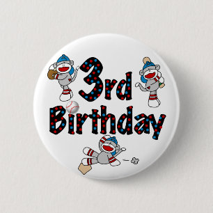 3rd Sock Monkey Baseball Birthday Button