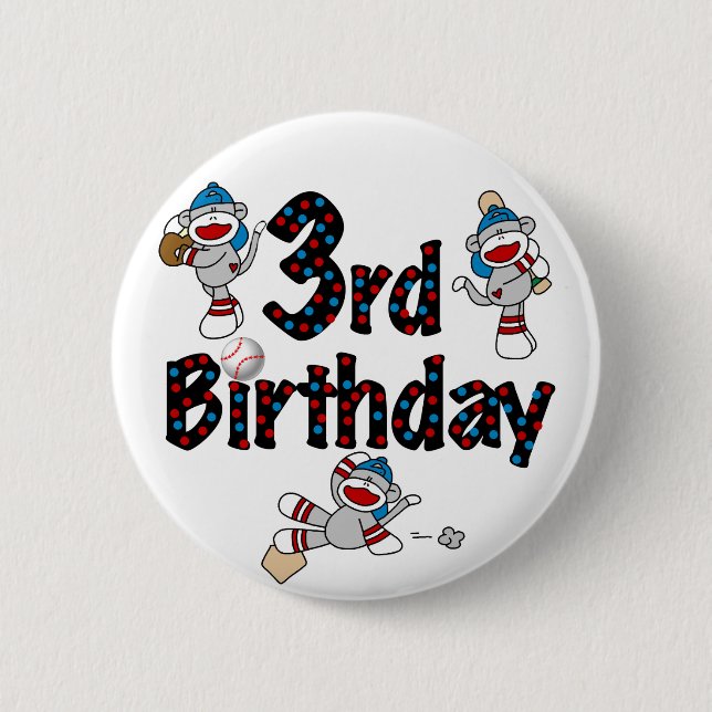3rd Sock Monkey Baseball Birthday Button (Front)