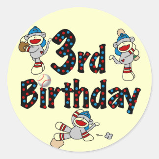 3rd Sock Monkey Baseball Birthday Classic Round Sticker
