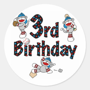 3rd Sock Monkey Baseball Birthday Classic Round Sticker