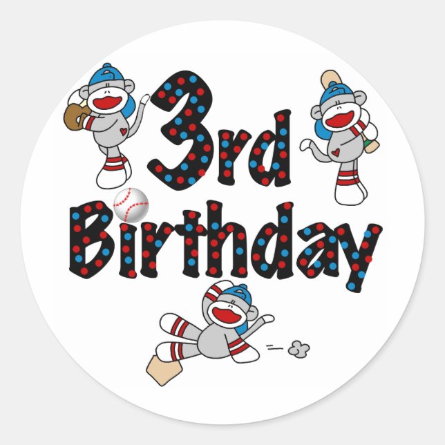 3rd Sock Monkey Baseball Birthday Classic Round Sticker (Front)