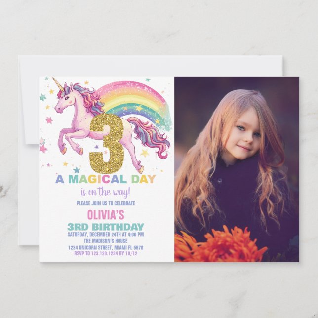 3rd Unicorn Birthday Invitations with picture (Front)