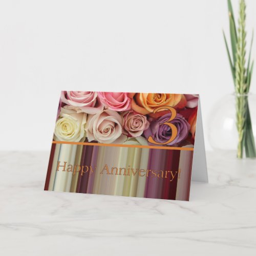 3rd Wedding Anniversary Card _ Pastel roses stripe