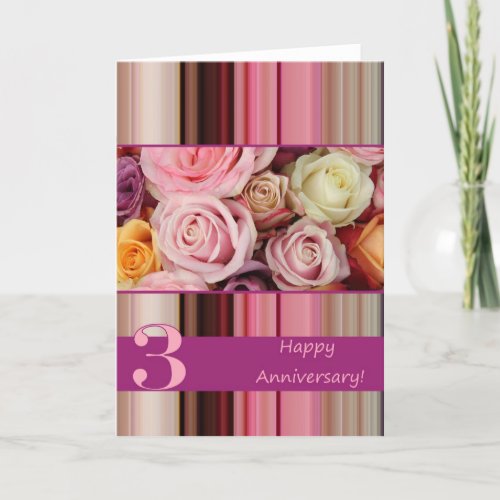 3rd Wedding Anniversary Card _ Pastel roses stripe